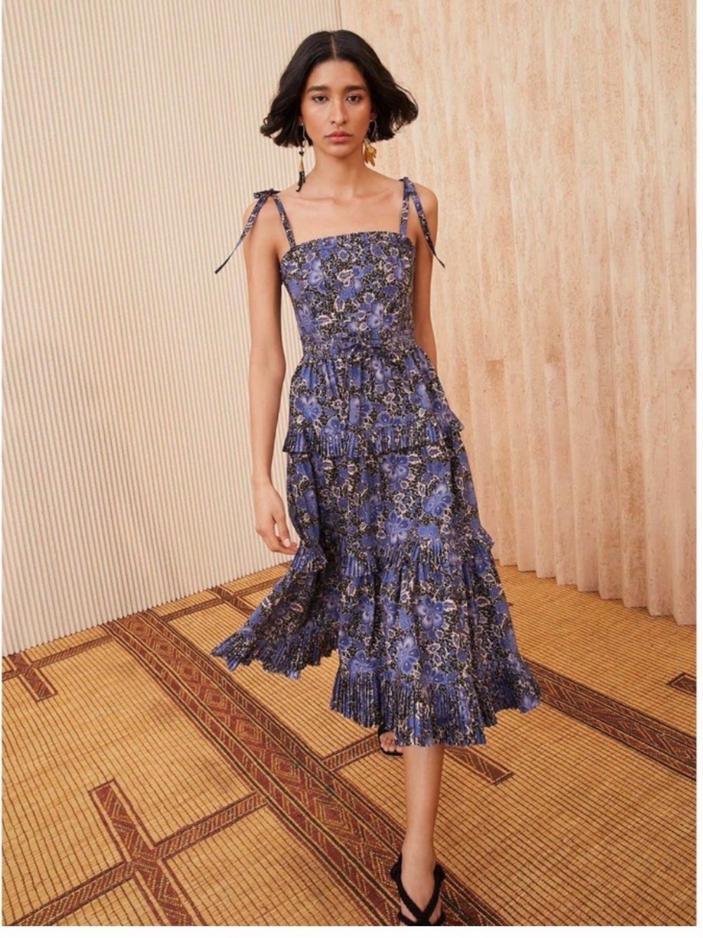 Ulla Johnson Blue Floral Tie-Strap Midi Dress